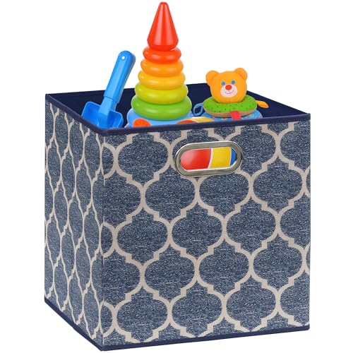 11 Inch Foldable Cube Storage Bins with Handle (6 Pack - 10.5" x 10.5" x 11" / Steel Blue)