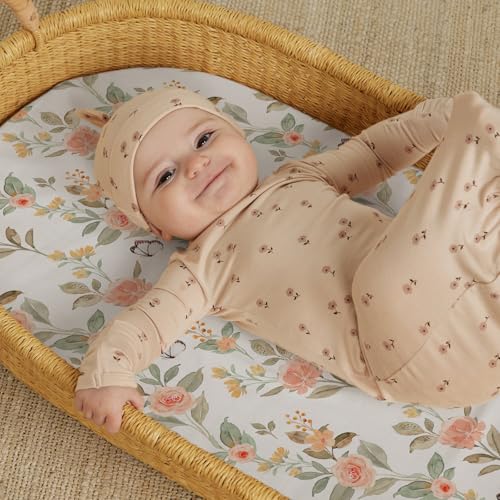 Stretch Fitted Bassinet Sheet Set BROLEX 2 Pack Cradle Sheets for Bassinet Pad (Rose Foliage / 32x16 Inch)