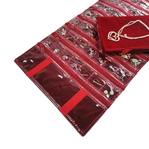 Travel Jewelry Roll Bag Portable Organizer Pouch With Grids&PVC Cover Storage Bags for Necklace (Burgundy Velvet 56 Grids)