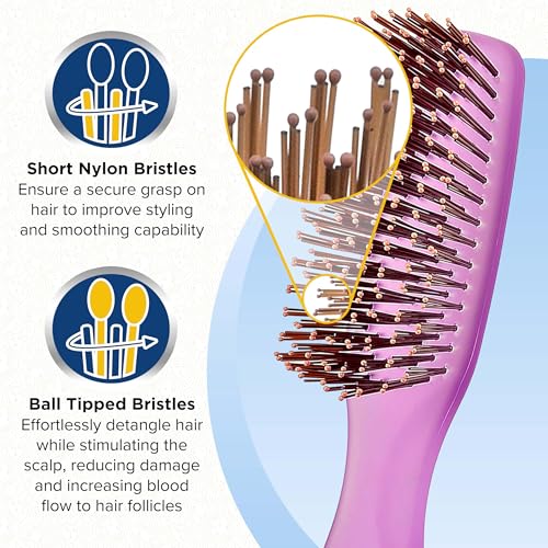 GION2PP Neon Purple 6.25 inch Gentle Touch Detangler Hair Brush for Men Women and Kids. Soft Bristles for Sensitive Scalp. Travel Brush (Small / Purple)