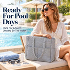 Waterproof Beach Tote Pool Bags for Women Ladies Extra Large Carry On Bag With Wet Compartment for Weekender Travel (Purple & White Micro Stripes)