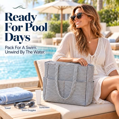 Waterproof Beach Tote Pool Bags for Women Ladies Extra Large Carry On Bag With Wet Compartment for Weekender Travel (Purple & White Micro Stripes)