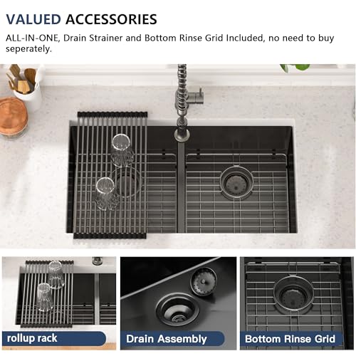 Double Bowl Black Kitchen Sink 16 Gauge Stainless Steel Undermount Kitchen Sinks Matte Gunmetal Black 50 (Gunmetal Black / 33''x19''-50/50)