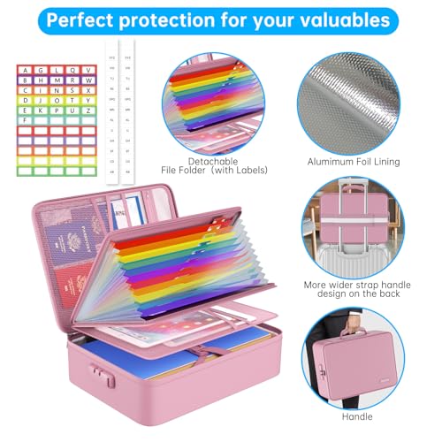 Fireproof File Organizer Bag with 13 Pockets Accordion File Folder (Pink / 15.1" x 11.2" x 4.3",Colorful)