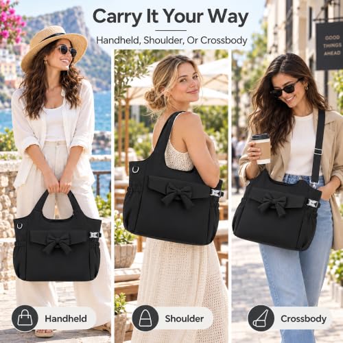 Tote Bag for Women with 15.6" Laptop Sleeve and Wet Compartment (Black Bow)