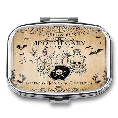 Metal 2 Compartment Pill Organizer Travel Friendly Portable Compact Pill Box Cute Pill Case to Hold Vitamins (Bottles and Skeletons)