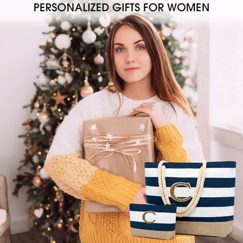 Beach Bag Initial Beach Tote with Makeup Bag for Travel (Dark Blue 2 Pcs)