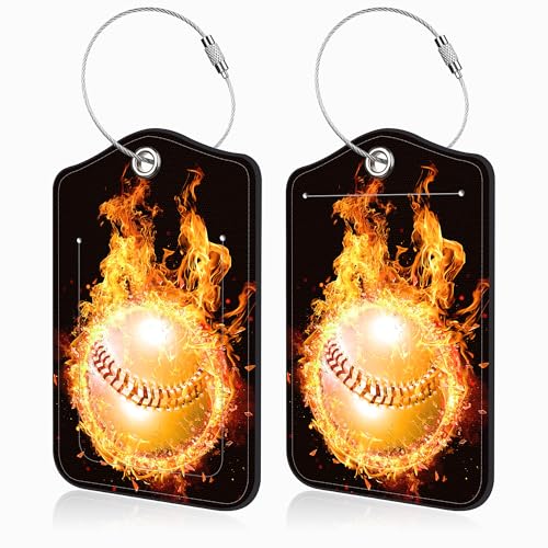 2 Pcs Baseball on Fire Luggage Tags for Suitcases PU Leather Baggage Tags Name ID Label with Privacy Cover and Stainless Steel Loop for Men Women Travel Bag Suitcase (Baseball on Fire)