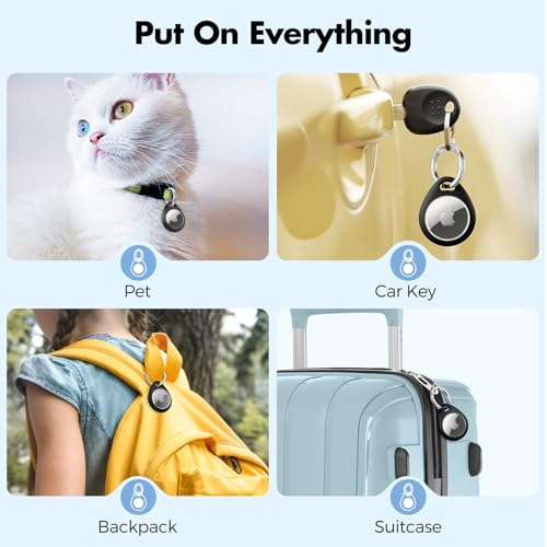 Holder for Apple AirTag 4 Pack [Hold Air Tag Securely] [Easy to Install] [Fit Tightly Design] Protective Case Waterproof TPU Shell with 304 Stainless Steel Key Ring Keychain (Black with Keychain)