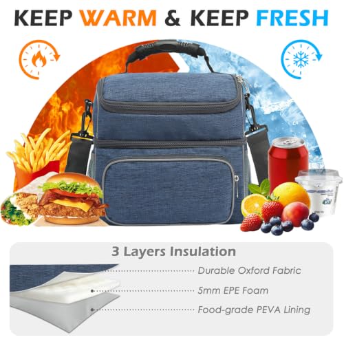 Double Layer Cooler Insulated Lunch Bag Adult Lunch Box Large Tote Bag for Men (Navy)
