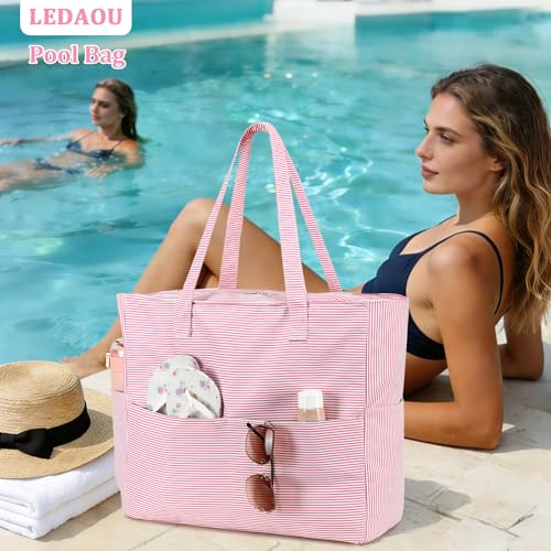 Beach Bag Waterproof Sandproof Women Beach Tote Swim Pool Bag with Zipper Wet Pocket for Gym Grocery Travel Family (Soft Pink)
