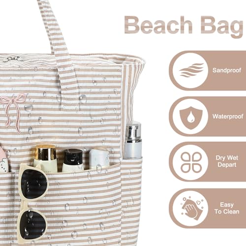 Beach Pool Bags Tote for Women Ladies Large Gym Tote Carry On Bag With Wet Compartment for Weekender Travel Waterproof (Brown Striped Bow)