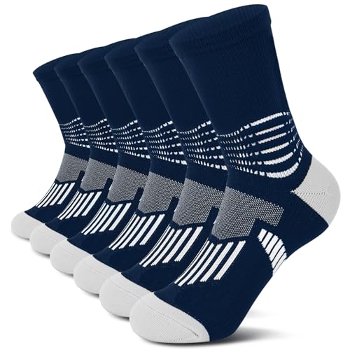 Crew Compression Socks Athletic Running Socks for Men Women Plantar Fasciitis Relief 3 Pairs (Medium / Dark Blue(stripe 3 Pairs))