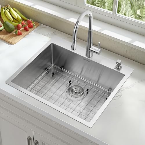 25-Inch Drop-In Kitchen Sink Stainless Steel Top Mount Single Bowl (Brushed / 25 x 22 x 9)