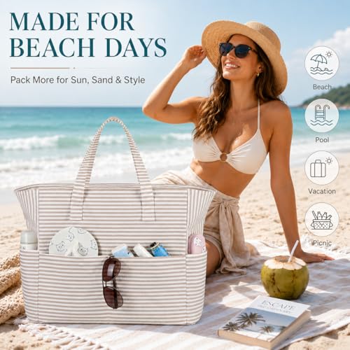Large Beach Bag for Women (Khaki White)
