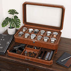 12 Slot Leather Watch Box with Valet Drawer (Tan / Brown)