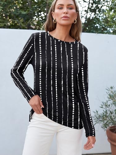 Long Sleeve Shirts for Women Casual Crewneck Tops Basic Tees (X-Large / Blackdotline)