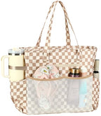 Waterproof Beach Tote Pool Bags for Women Ladies Extra Large Carry On Bag With Wet Compartment for Weekender Travel (Dark Brown Checkered)