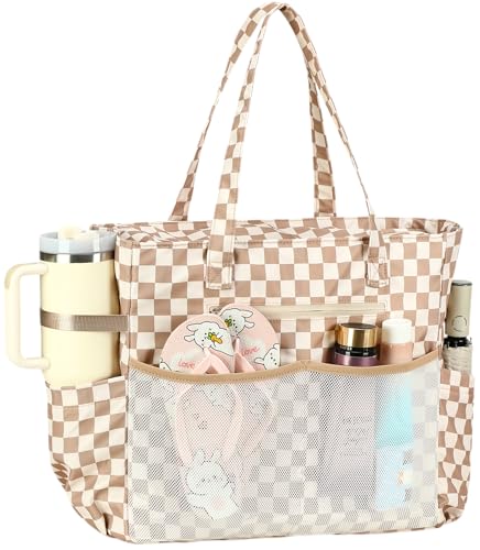 Waterproof Beach Tote Pool Bags for Women Ladies Extra Large Carry On Bag With Wet Compartment for Weekender Travel (Dark Brown Checkered)