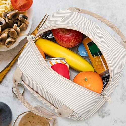 Lunch Bag for Women Men Cute Corduroy Lunch Tote Bags Reusable Insulated Lunch Box Large Capacity Reusable Insulated Cooler for Work Picnic or Travel (Corduroy Khaki-white stripes / 10L)
