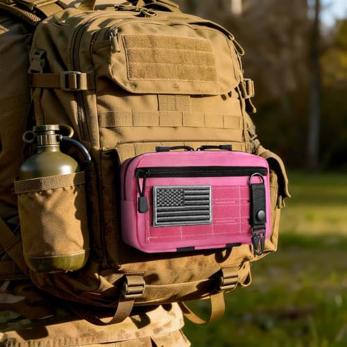 Tactical Molle Admin Pouch Utility Laser Cut EDC Tool Pouch Bag Horizontal Modular Pouches Include US Flag Patch and Keychain (Pink)