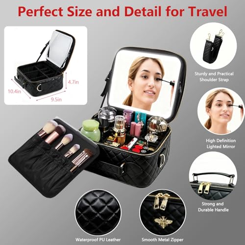 Travel Makeup Bag with Light Up Mirror (Black Grid)
