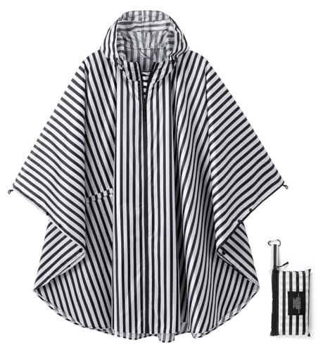 Rain Poncho Jacket Coat Hooded Zipper Style for Women (One Size / Black/White Stripes)