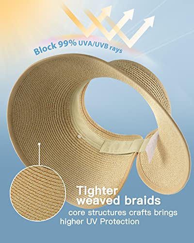 Womens Sun Hat with Ponytail Hole Wide Brim Beach Straw Visor (Medium / Beige Khaki Mix)