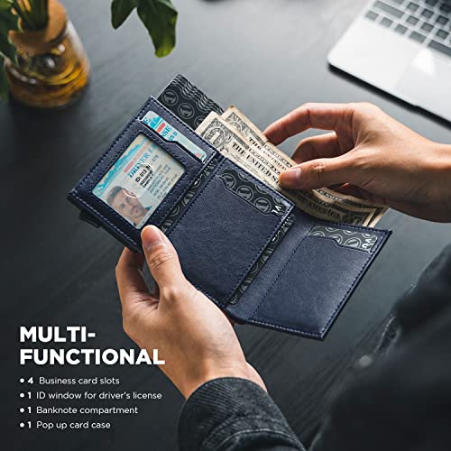 Pop up Card Wallet Minimalist Cash Wallets RFID Blocking Leather Smart Credit Card Holder with ID window for Men (Navy)
