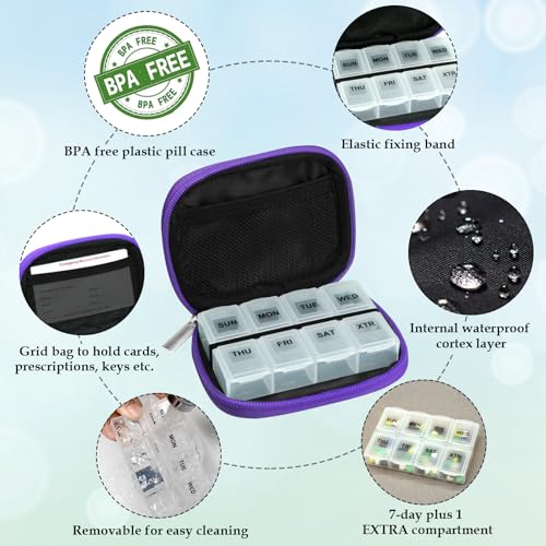Weekly Travel Pill Organizer Cute Pill Case with 7 Day Pill Box (2 Cases + 2 Boxes / C. Bloom 01 + Purple 01)