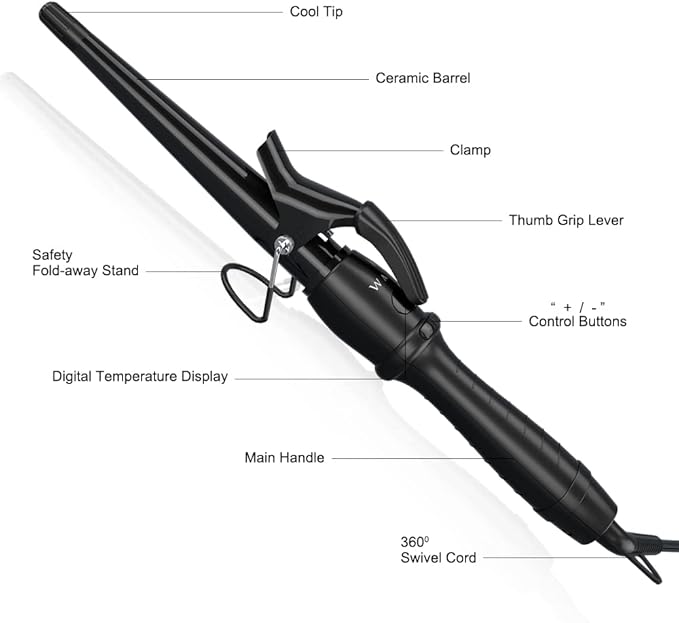 Professional Curling Iron Tapered Curling Wand 1-1/2" Ceramic Hair Curler, Fast Heat-up Multiple Temp Settings Curling Wand with LED Display Auto Shut Off and 2 Hair Clips