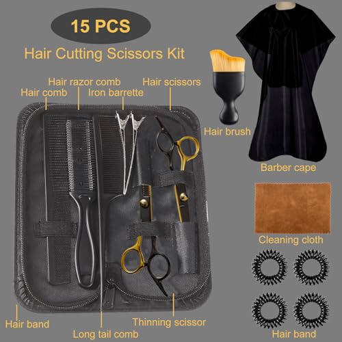 15 pcs Hair Cutting Scissors Professional (Premium Black/Gold)