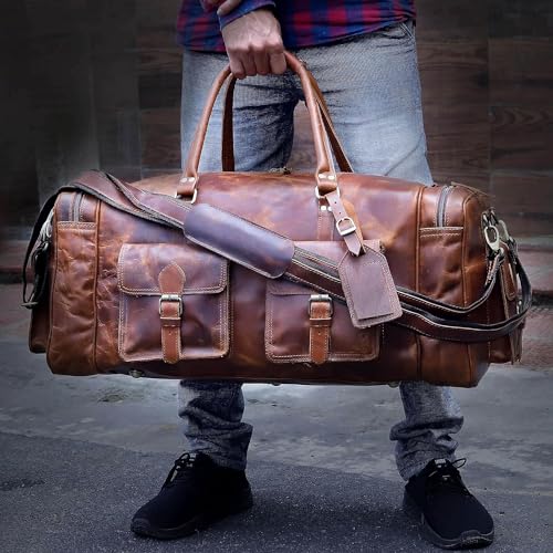 Large duffel bags for men holdall leather travel bag overnight gym sports weekend bag (28" X-Large / TAN BROWN)