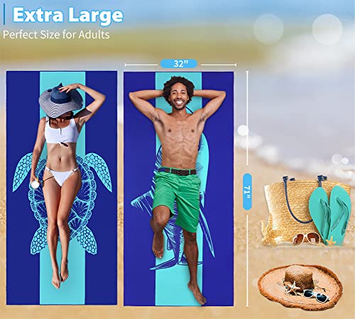 Microfiber Beach Towel with Bag Oversized 71x32 Sand Free 2 Pack (2 Pack Turtle Shark / 71"x32")