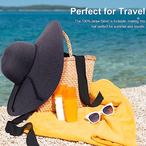 Women Twine Wide Brim Straw Hats Big Floppy Summer Hat Foldable Roll up Cap Beach Sun Hat UPF 50+ (Black)