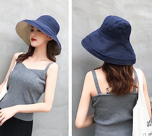 Women Summer Wide Brim Sun Hat Bucket Fishing Hats UV Protection (One Size / Lant001-navy)