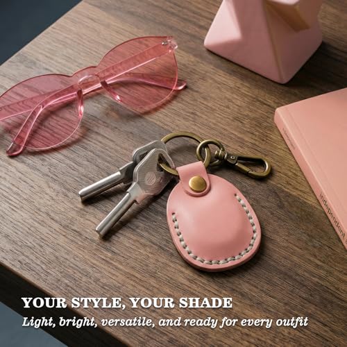 Genuine Leather Airtag Holder Compatible with Apple AirTag Keychain 2nd & 1st Gen (Pink)