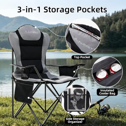 Heavy Duty Camping Chairs for Adults with Cup Holder & Cooler Bag (Gray | 400lbs)