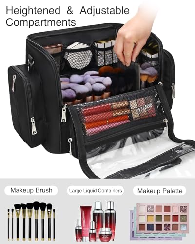 Makeup Brush Bag Extra Large Makeup Brush Case with 4 small bags Professional Makeup Artist Brush Holder Stand Up Organizer for Travel with Adjustable Dividers and Shoulder Strap (Black with 4 Makeup Bags)