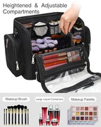 Makeup Brush Bag Extra Large Makeup Brush Case with 4 small bags Professional Makeup Artist Brush Holder Stand Up Organizer for Travel with Adjustable Dividers and Shoulder Strap (Black with 4 Makeup Bags)