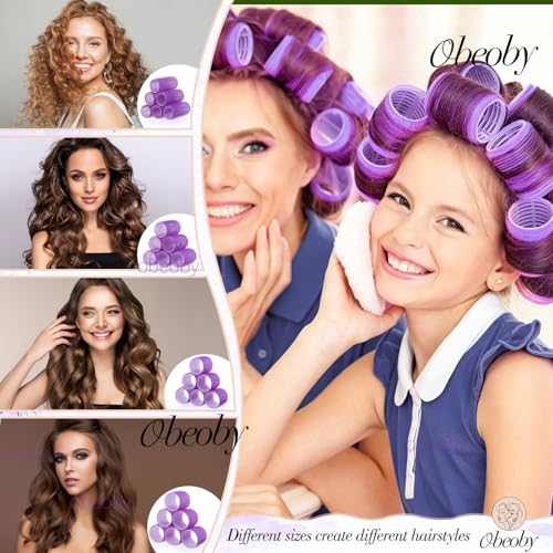 4 Sizes Hair Rollers Curlers Set with Clips for Women Girls (Purple)