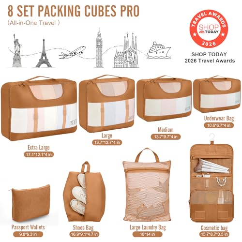 8 Set Packing Cubes for Travel Essentials (18 Brown)