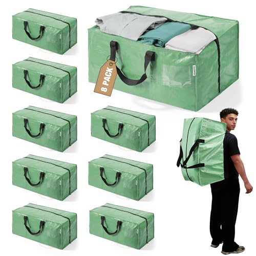 8 Pack Extra Large Moving Bags with Backpack Straps & Handles (Green / 8 Pack)