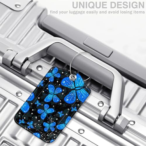 2 Pack Luggage Tags for Suitcases Blue Butterfly Leather Luggage Tags Privacy Cover ID Label with Stainless Steel Loop and Address Card for Women Men Travel Bag Backpack (Blue Butterfly)