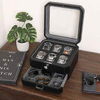 6 Slot Leather Watch Box with Valet Drawer (6 Slot - Black / Grey)