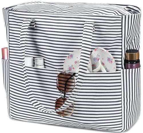 Beach Bag Waterproof Sandproof Women Beach Tote Swim Pool Bag with Zipper Wet Pocket for Gym Grocery Travel Family (Light Black White)