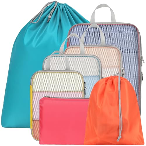 Mesh Compression Packing Cubes for Travel (11 Active Lake Blue/Watermelon Pink/Orange/Yellow / 7-Piece Set)