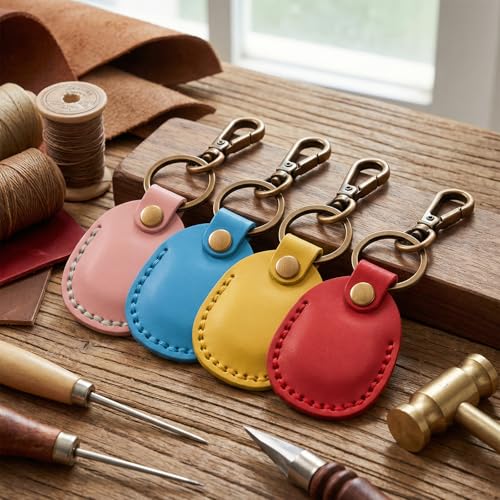 4 Pack Genuine Leather Airtag Holder Compatible with Apple AirTag Keychain 2nd & 1st Gen (Pink/Light Blue/Yellow/True Red)