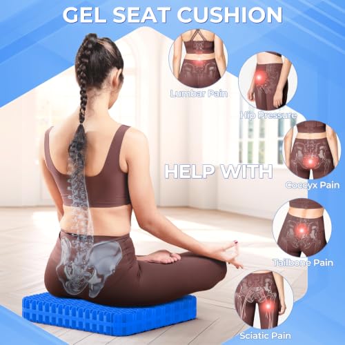 Gel Seat Cushion for Long Sitting (Black & Blue / 17.5×16.5×2.2 Inch)