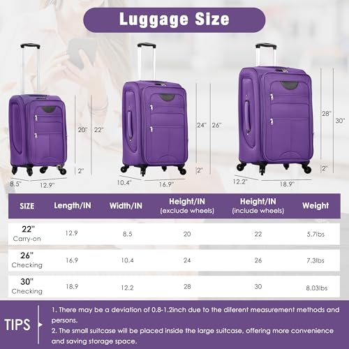 Softside Luggage Set Lightweight 3 Piece Suitcase with Duffel Bag (Softside Luggage(22/26/30) / Purple + bags)